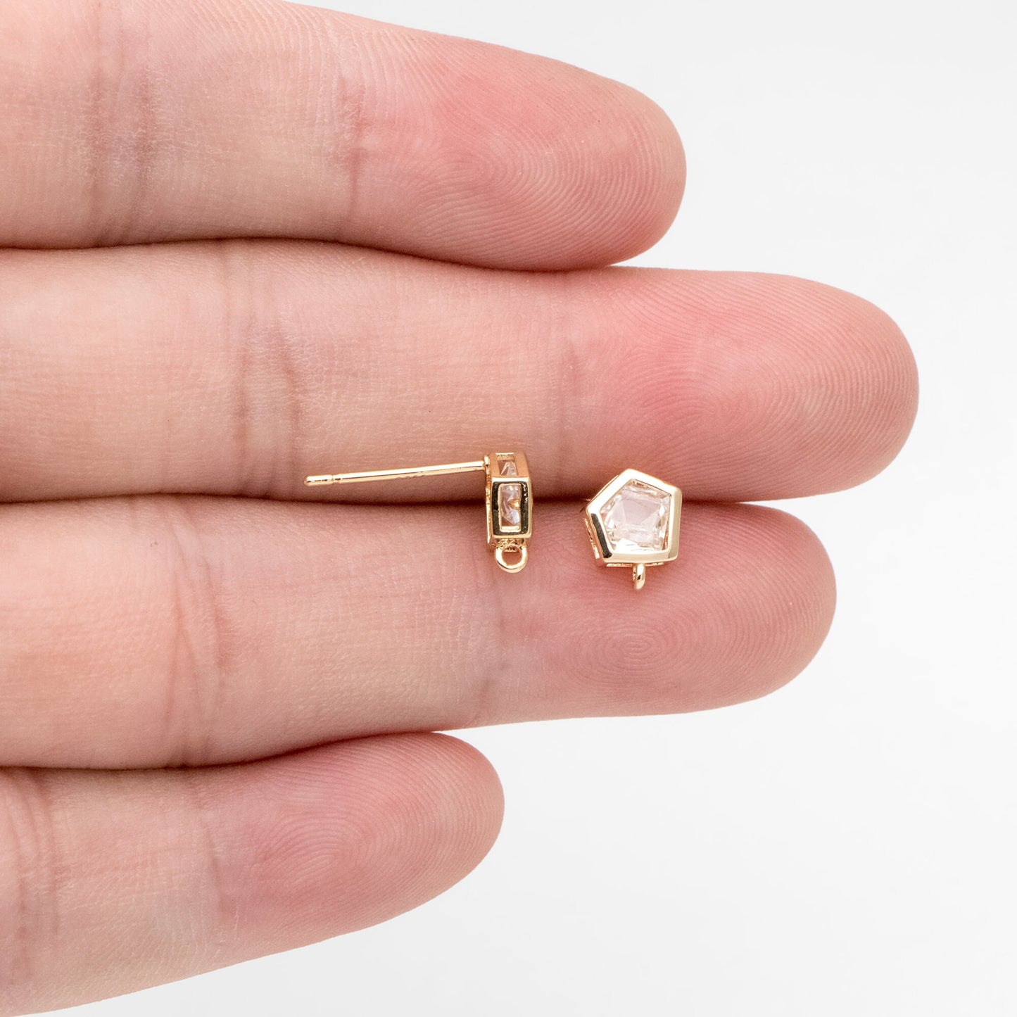 4pcs CZ Pave Pentagon Earring Stud with Loop, 18K Gold plated Brass Ear Posts, Geometric Earring Findings (#GB-3329-C)