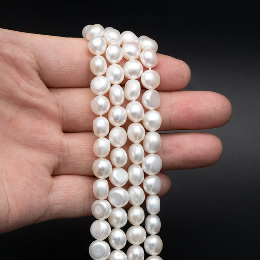 Freshwater Button Pearl 7-8mm, White Fresh Water Coin Pearl, Natural Mushroom Pearl Beads -(PL-73)/ 14.5" Full strand