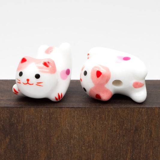 10 beads- Porcelain Lucky Cat beads 20mm, Handmade Ceramic Maneki Neko, Kawaii Animal Beads (TC-171)
