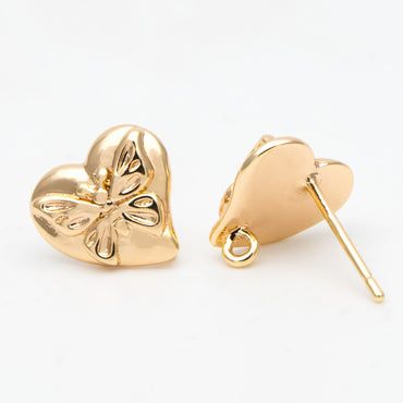 10pcs Gold Butterfly Heart Earring with Loop, Gold Plated Brass Stud Earrings, Jewelry Findings, Wholesale Supplies (GB-3378)