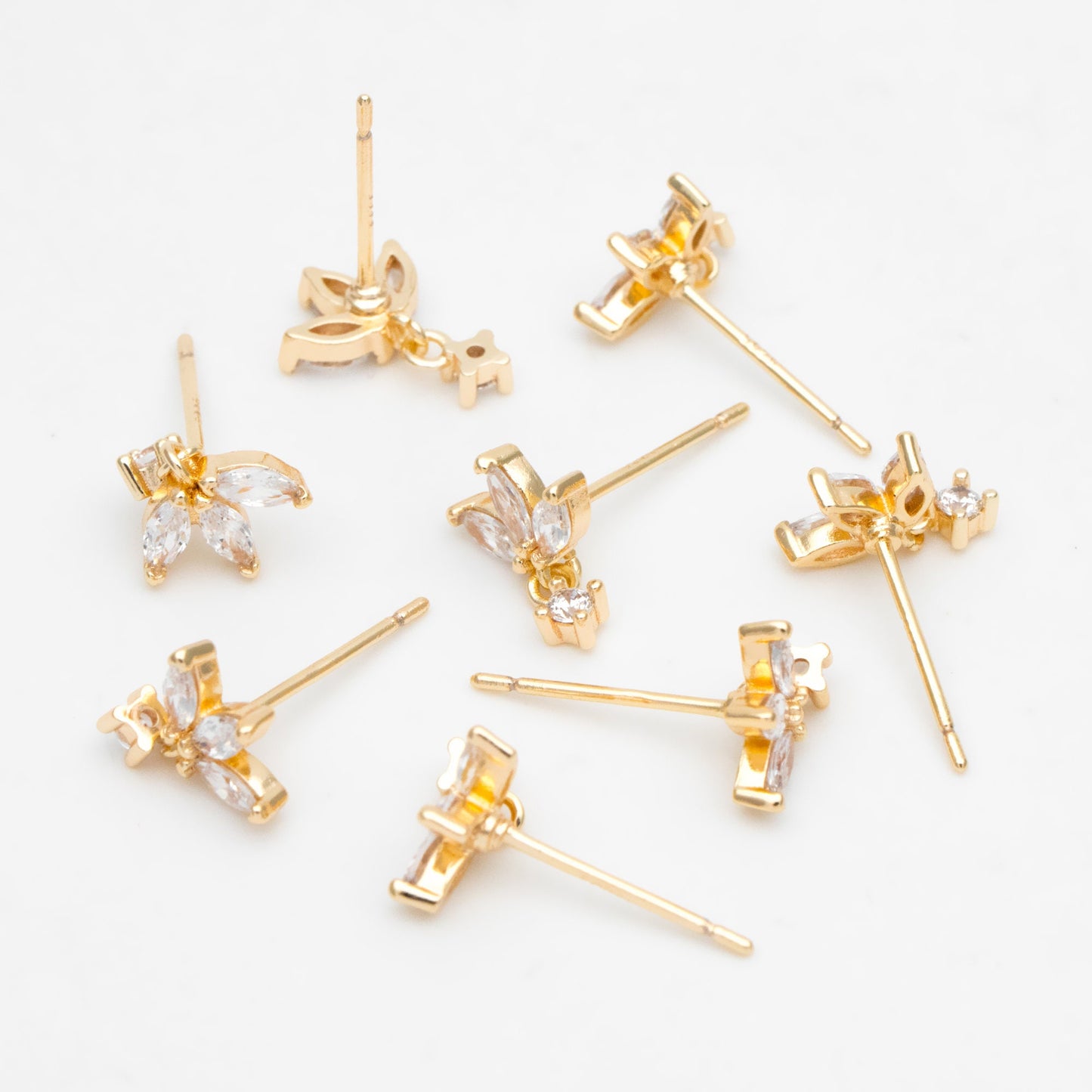 10pcs CZ Pave Gold/ Silver Leaf Earring Posts, Flower Earring, Gold/ Rhodium Plated Brass, Jewelry Supplies (GB-3395-G)