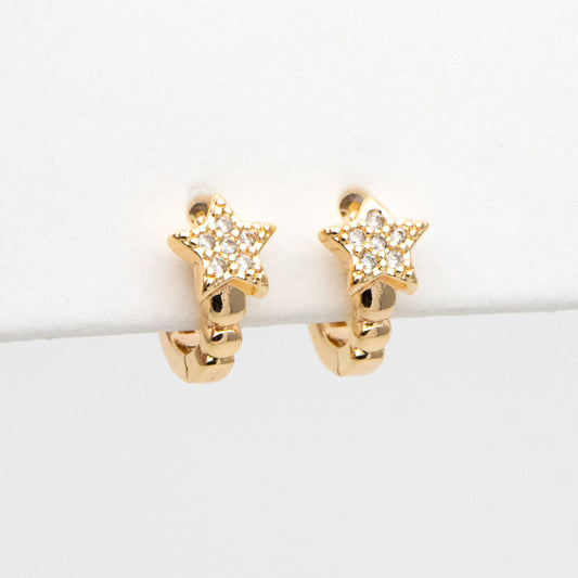 4pcs CZ Paved Tiny Star Hoop Earrings, Round Leverback Ear Hooks, 18K Gold plated Brass, Cartilage Hoop (GB-3399-A)