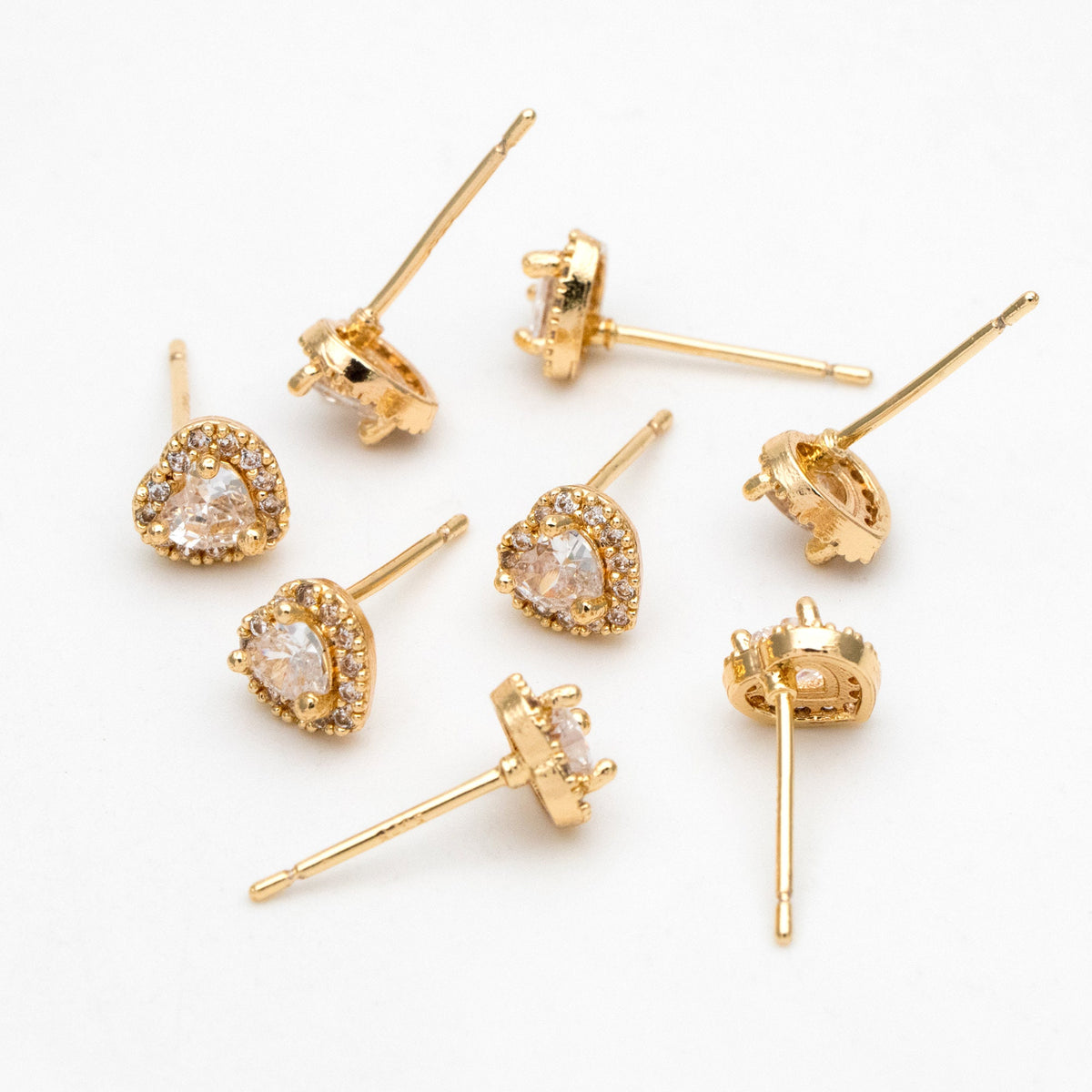 4pcs CZ Pave Heart Ear Posts, Gold Plated Brass Stud Earrings, Jewelry Findings, Wholesale Supplies (GB-3115-C)
