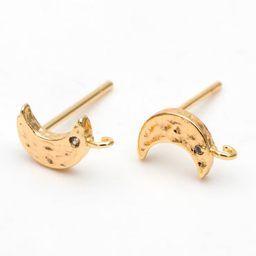 4pcs CZ Paved Moon Earring Post with Loop, 9mm, Real Gold/ Rhodium Plated Brass Stud Earrings (#GB-311-E)