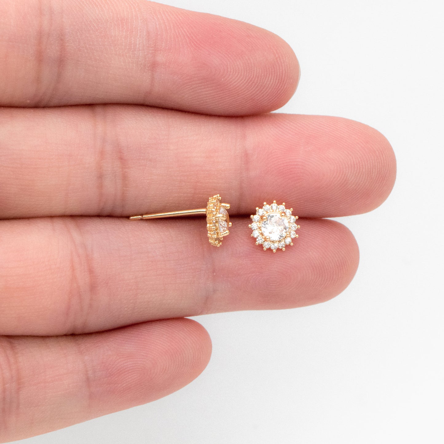 4pcs CZ Pave Gold Flower Ear Posts 8mm, Gold Plated Brass Stud Earrings (#GB-3371-A)