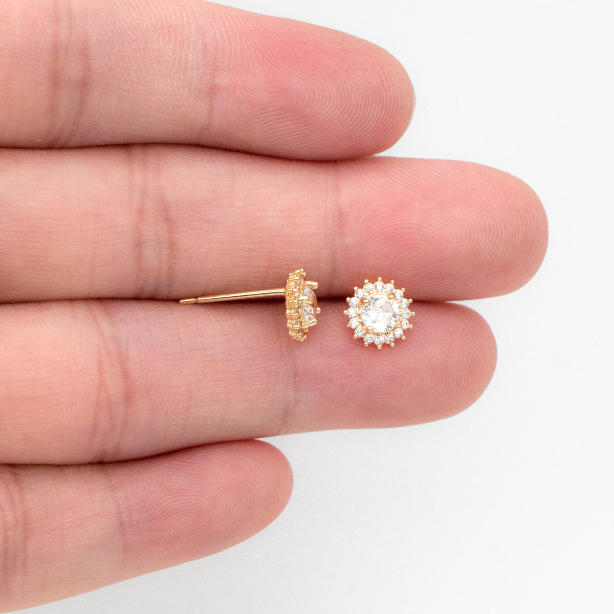 4pcs CZ Pave Gold Flower Ear Posts 8mm, Gold Plated Brass Stud Earrings (#GB-3371-A)