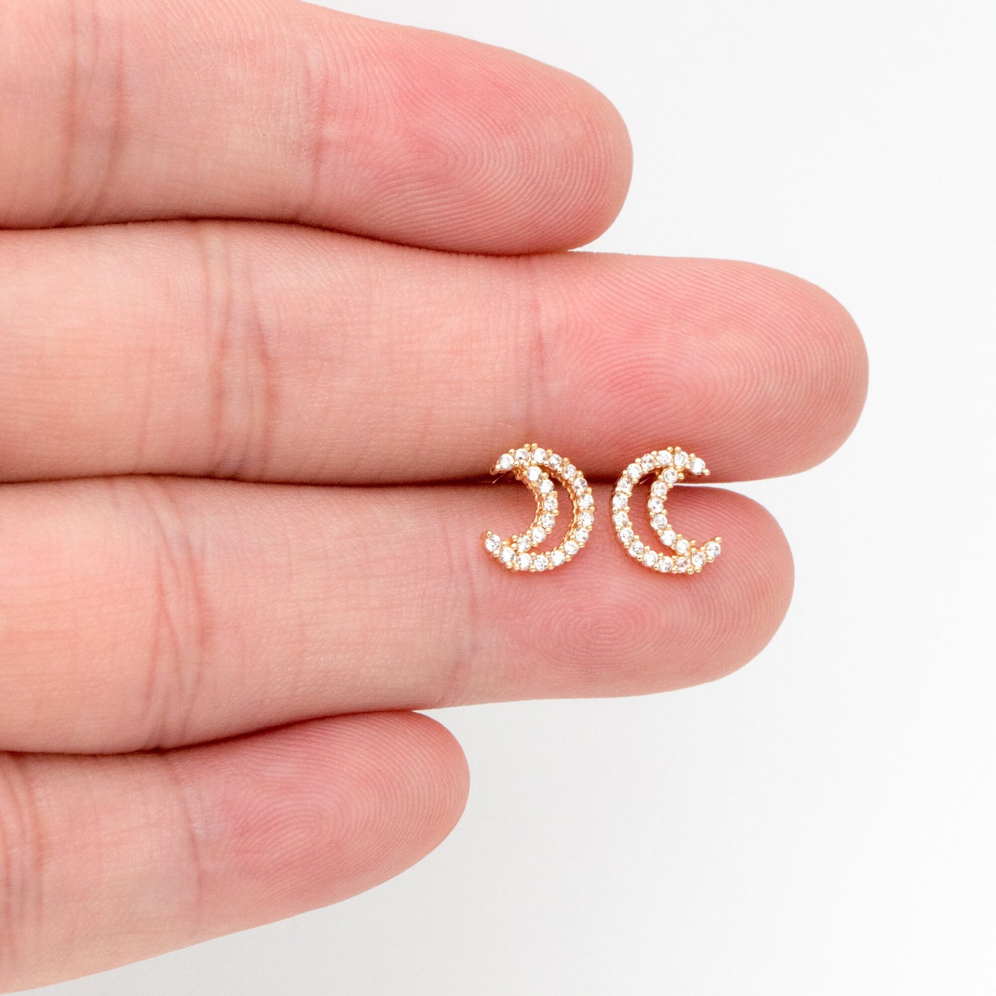 10pcs CZ Pave Moon Ear Posts 9x7mm, Real Gold Plated Brass Stud Earrings (#GB-3041-Q)