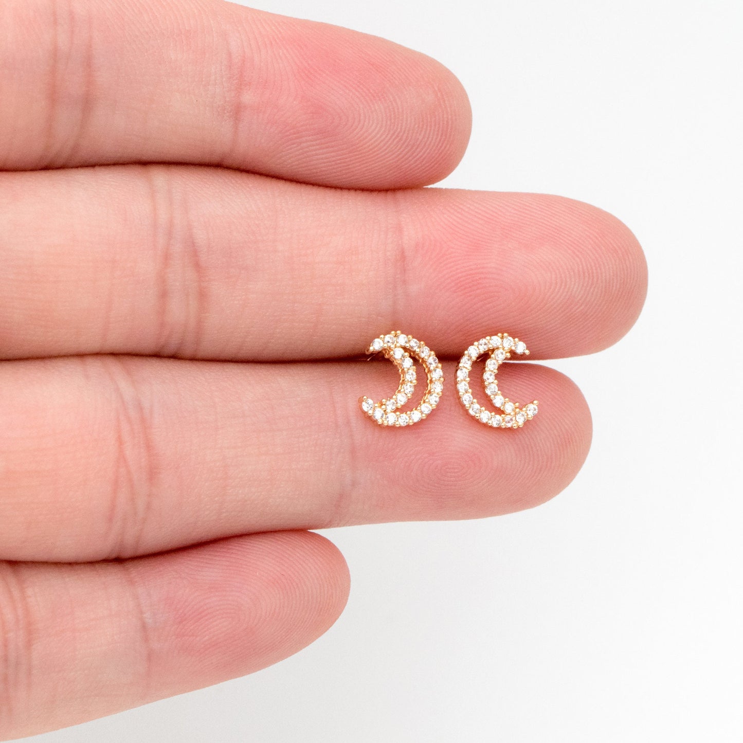 10pcs CZ Pave Moon Ear Posts 9x7mm, Real Gold Plated Brass Stud Earrings (#GB-3041-Q)