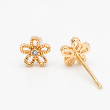 10pcs CZ Pave Gold/ Silver Flower Ear Posts 6mm, Gold/ Rhodium Plated Brass Stud Earrings, DIY Ear Findings (GB-3381)