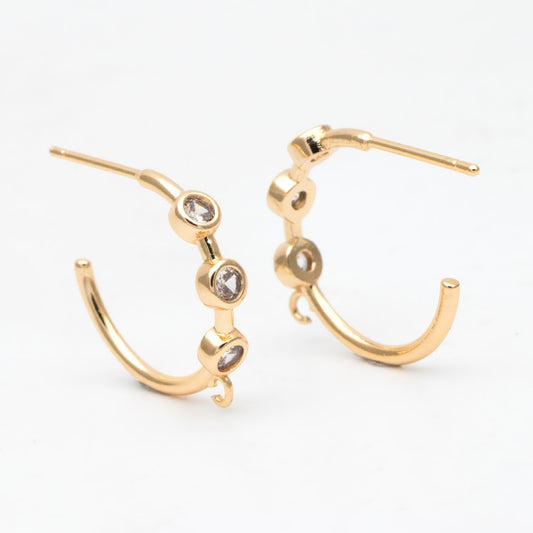 4pcs CZ Pave Gold Hoop Earrings 18mm, Gold Plated Brass, Round Circle Earrings (#GB-3398)
