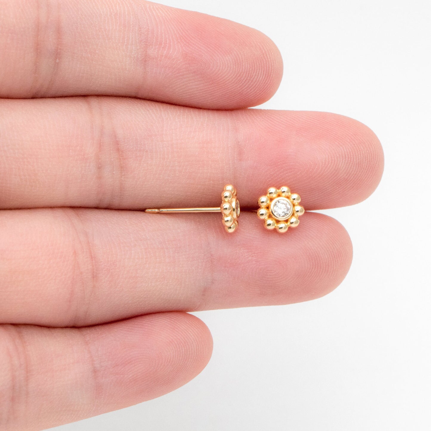 10pcs CZ Pave Gold Flower Ear Posts 7mm, Gold Plated Brass Stud Earrings, DIY Ear Findings (GB-3526-B)