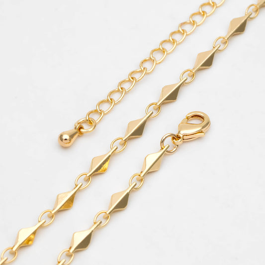 Gold Rhombus Link Chains 3.4mm, Finished Bracelet/ Anklet/ Necklace, Adjustable with Extender Chain, Ready to Wear (#LK-480)