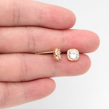 4pcs CZ Pave Round Ear Posts 7.5mm, Gold Plated Brass Stud Earrings (#GB-3371-B)