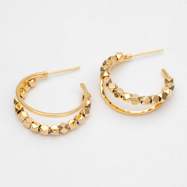 4pcs Gold Plated Beaded Hoop Earrings: Geometric Huggie Studs, 22mm/25mm (GB-3418)