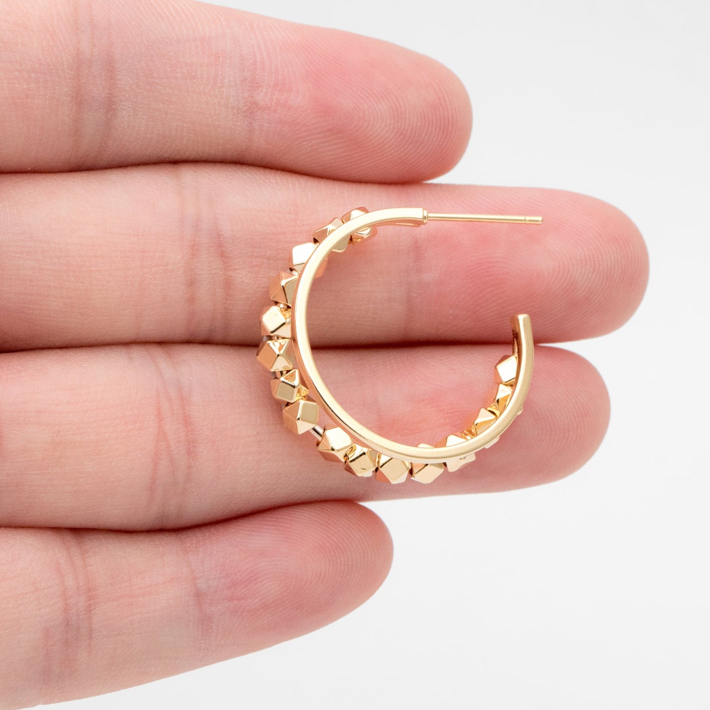 4pcs Gold Plated Beaded Hoop Earrings: Geometric Huggie Studs, 22mm/25mm (GB-3418)