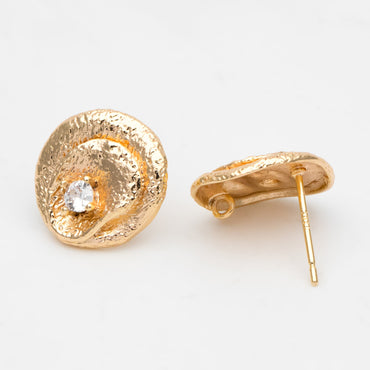 4pcs CZ Pave Gold Textured Round Earring with Loop, 14mm, 18K Gold plated Brass, Stud Earring Components (GB-3423)