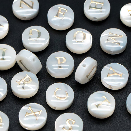 8mm Shell Alphabet Beads, English Letter Beads, Round Coin Letter Charms, Personalized Initial Charms, You Choose Letter (V1404)