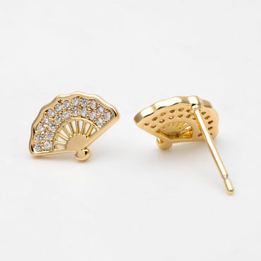 4pcs CZ Pave Gold Fan Shape Earring Posts, Gold Plated Brass Fan Stud Earrings (#GB-3481)