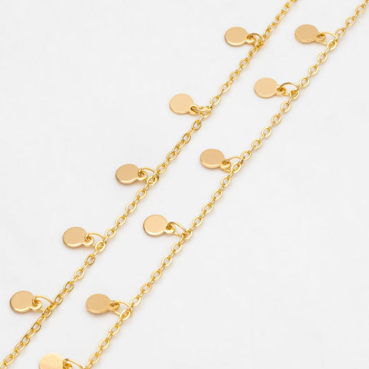 Gold/ Silver Tone Chain with 4mm Round Disc Charms, Real Gold/ Rhodium plated Brass Chain (#LK-458)/ 1 Meter=3.3ft