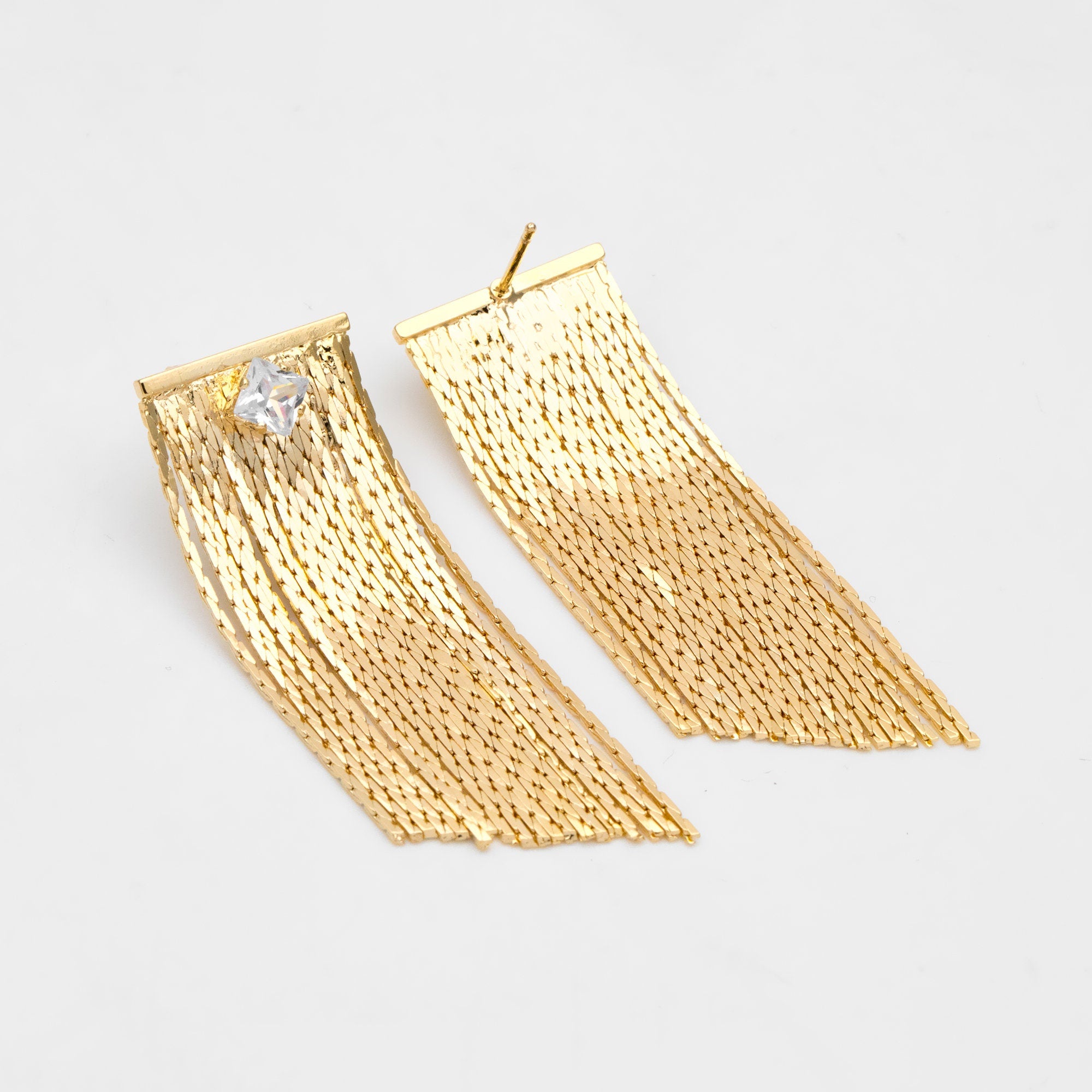 4pcs CZ Pave Chain Tassel Earrings, Long Tassel Stud Earring, Gold Dangling Earrings, Minimalist Earrings (GB-3483)