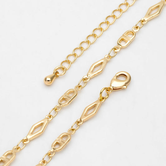 Gold Rhombus and Mariner Link Chain, Finished Bracelet/ Anklet/ Necklace with Extender Chain, Ready to Wear (#LK-398)