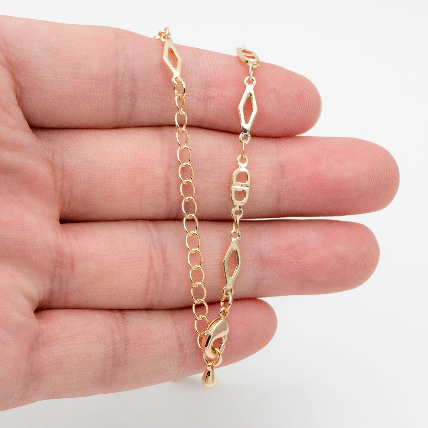 Gold Rhombus and Mariner Link Chain, Finished Bracelet/ Anklet/ Necklace with Extender Chain, Ready to Wear (#LK-398)