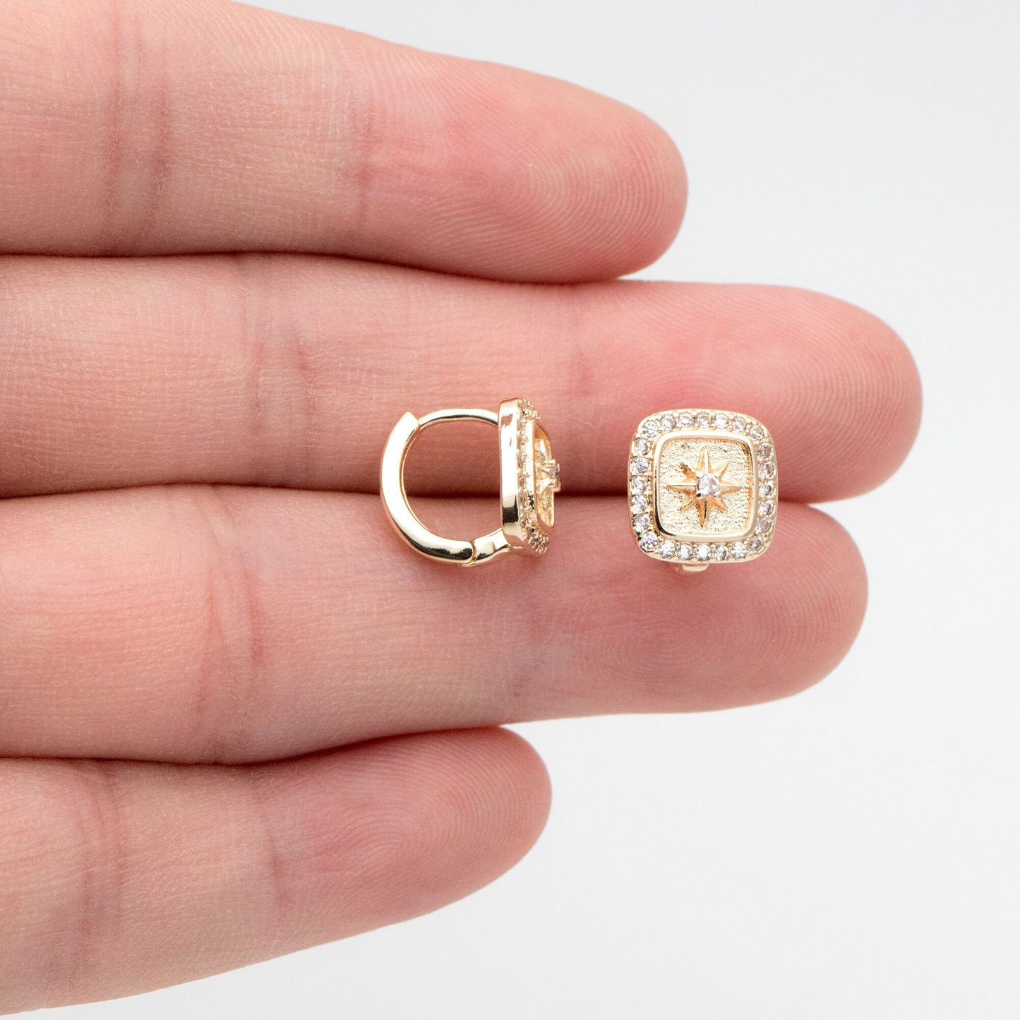 4pcs CZ Pave Square Star Hoop Earrings, 12mm, Dainty Huggie Earrings, Minimalist Earring, Small Gold Hoops Earring (GB-3894-A)