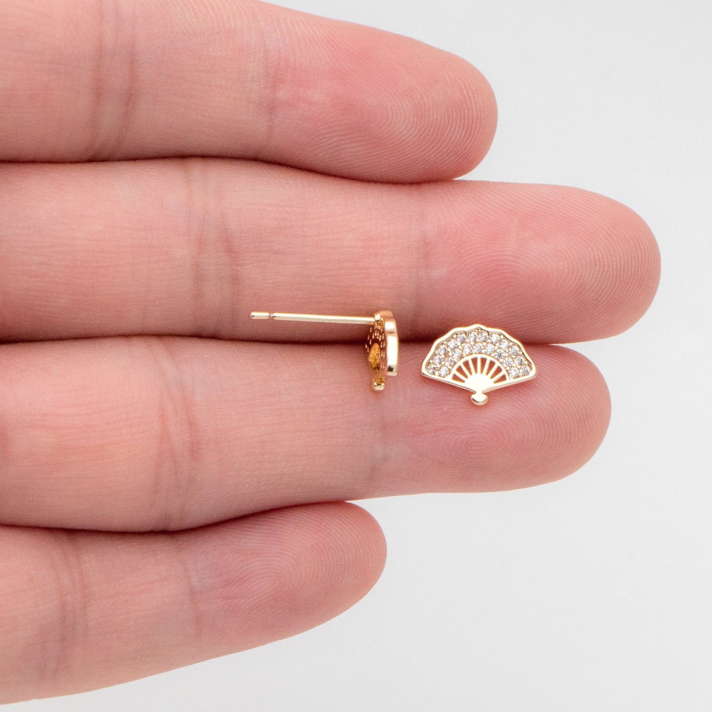 4pcs CZ Pave Gold Fan Shape Earring Posts, Gold Plated Brass Fan Stud Earrings (#GB-3481)