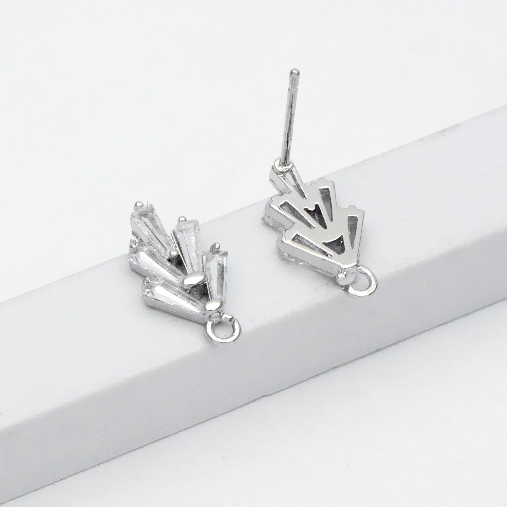 10pcs CZ pave Leaf Ear Posts 15x8mm, Gold/ Rhodium plated Brass, Dainty Stud Earrings, Sterling Silver Pin (#GB-314)