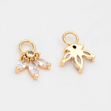 4pcs Emerald CZ Pave Flower Charm 12x9mm, Real Gold plated Brass Leaf Pendants (GB-4130-A)