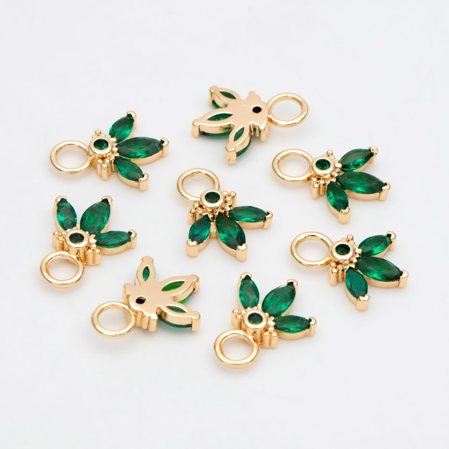 4pcs Emerald CZ Pave Flower Charm 12x9mm, Real Gold plated Brass Leaf Pendants (GB-4130-A)