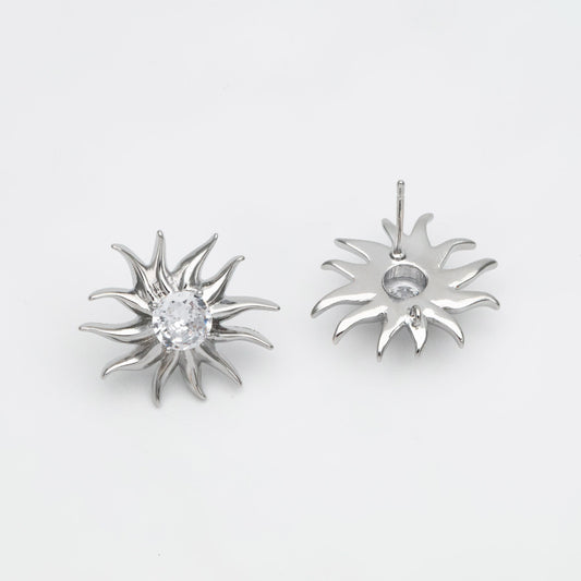 4pcs CZ Paved Sun Earring with Loop, 18x20mm, Real Gold/ Rhodium Plated Brass Stud Earrings (#GB-3507)