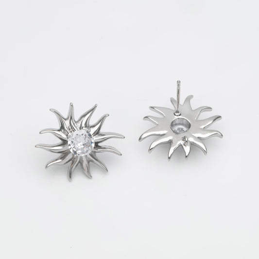 4pcs CZ Paved Sun Earring with Loop, 18x20mm, Real Gold/ Rhodium Plated Brass Stud Earrings (#GB-3507)