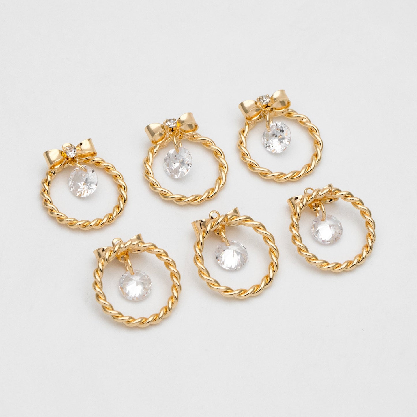 4pcs CZ Gold Bowknot Ring charms, 18K Gold plated Brass, Christmas Round Hoop Circle Pendents(GB-713-M)