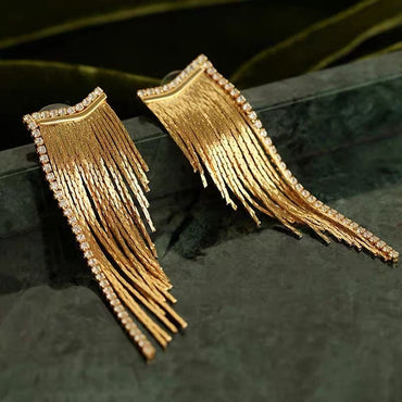4pcs CZ Pave Chain Tassel Earrings, Long Tassel Stud Earring, Gold Dangling Earrings, Minimalist Earrings (GB-3470)