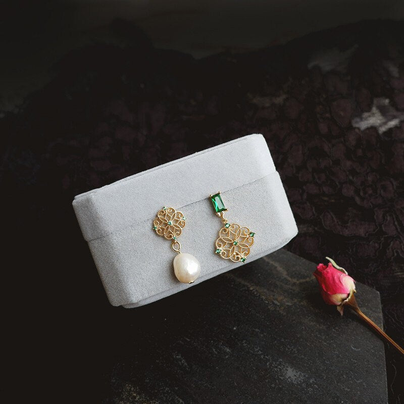 10pcs Emerald CZ Pave Filigree Flower Earring with Loop, 12mm, Real Gold Plated Brass Stud Earrings with Loop (#GB-384)