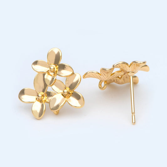 10pcs Gold/ Rhodium/ Rose Gold plated Brass Flower Earring with Loop, 14mm Floral Stud Earring (GB-956)