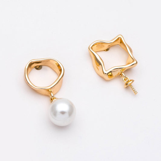10pcs Gold Asymmetry Circle Square Earring Posts, Geometric Shape Earring, Half Drilled Pearl Mounts, Pearl Earring Settings (#GB-2941)