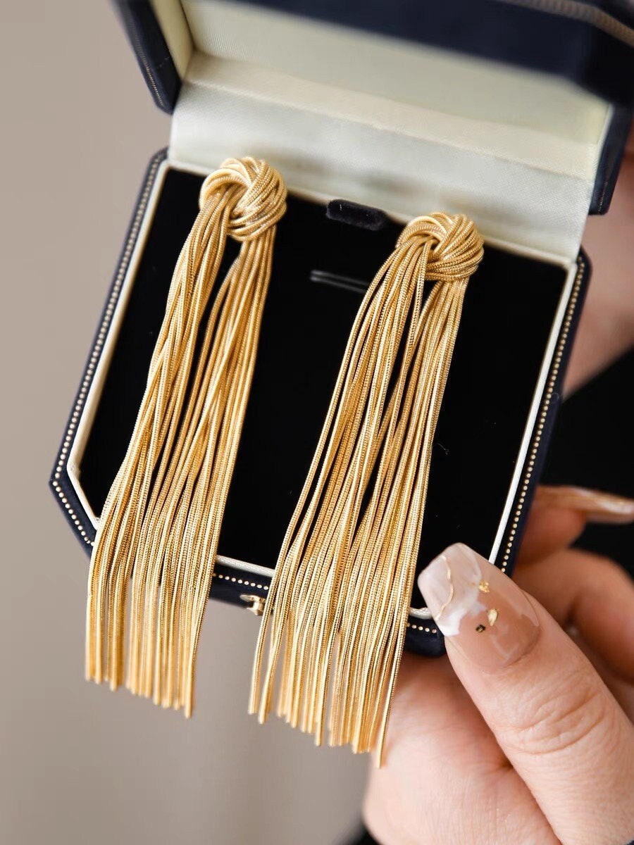 4pcs Gold /Silver Tone Knot Tassel Earring 88mm, 18K Gold/ Rhodium plated Brass, Long Chain Dangle Stud Earring (GB-3514)