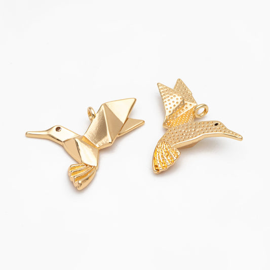 10pcs CZ Pave Origami Bird Charms, Real Gold plated Brass, Paper Hummingbird Pendants (GB-3558)