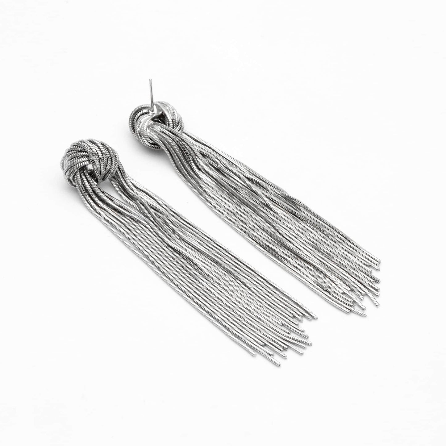 4pcs Gold /Silver Tone Knot Tassel Earring 88mm, 18K Gold/ Rhodium plated Brass, Long Chain Dangle Stud Earring (GB-3514)