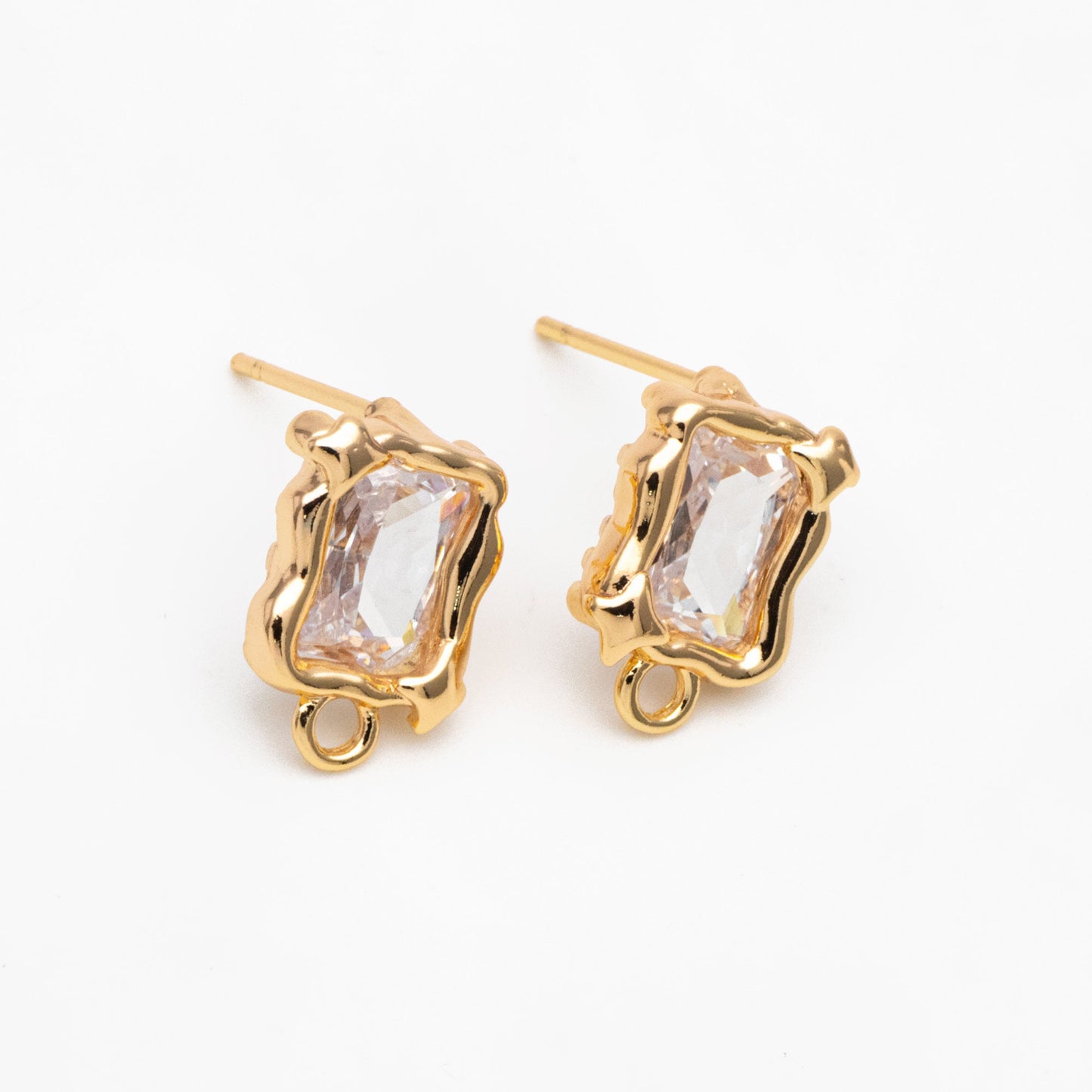 4pcs CZ Pave Rectangle Ear Posts: 18K Gold Plated Brass Stud Earrings (GB-3586)