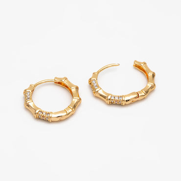 4pcs CZ Pave Gold Bamboo Hoop Earrings, Gold plated Brass, Dainty Bamboo Earrings, Gold Hoops (GB-3597)