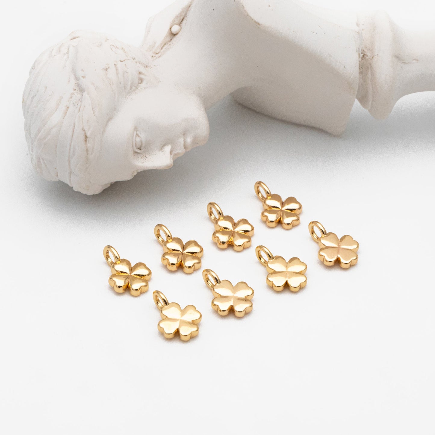 10pcs Gold Four Leaf Clover Charms 9x6mm, 18K Real Gold plated Brass, Clover Earring Pendants (GB-1762-F)