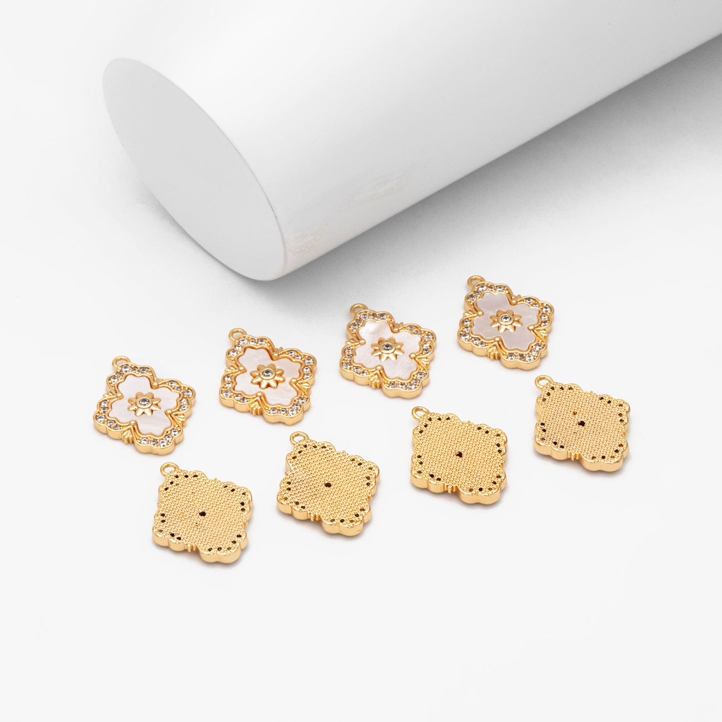 4pcs Shell Pave Gold Flower Charms, 18K Gold plated Brass, CZ Micro Paved Floral Pendants (GB-3579-H)