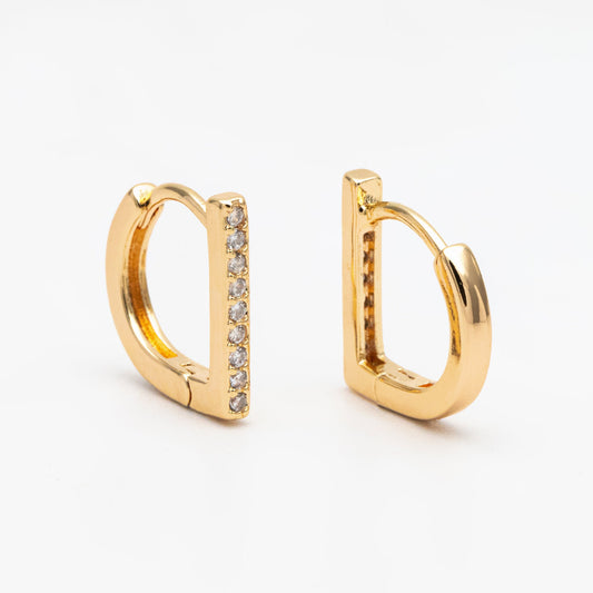 4pcs CZ Pave D Shaped Hoop Earrings, Dainty Huggie Earrings, Minimalist Earring, Small Gold Hoops Earring (GB-3613)