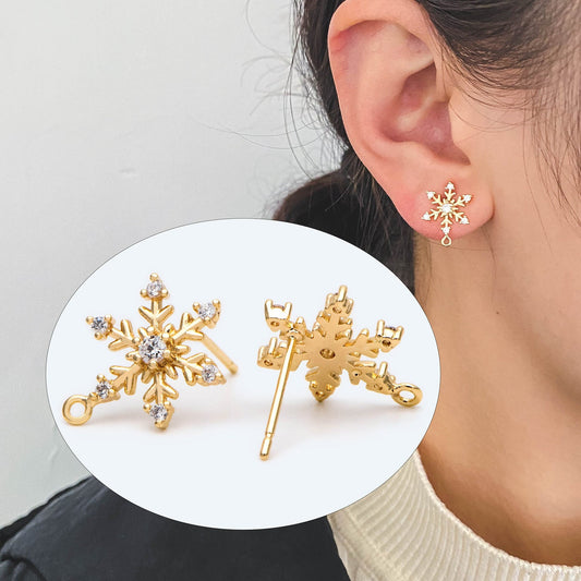 4pcs CZ Pave Gold Snowflake Ear Posts, Earring Findings, Jewelry Making, Diy Material, Jewelry Supplies (GB-2587)