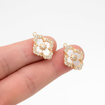 4pcs Shell Pave Gold Flower Charms, 18K Gold plated Brass, CZ Micro Paved Floral Pendants (GB-3579-H)