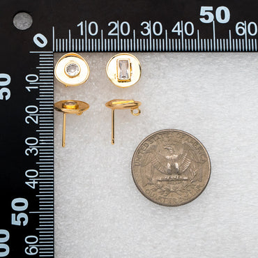 4pcs CZ Pave Gold Round Ear Posts 11mm, 18K Gold plated Brass, Stud Earring Components (GB-3603)