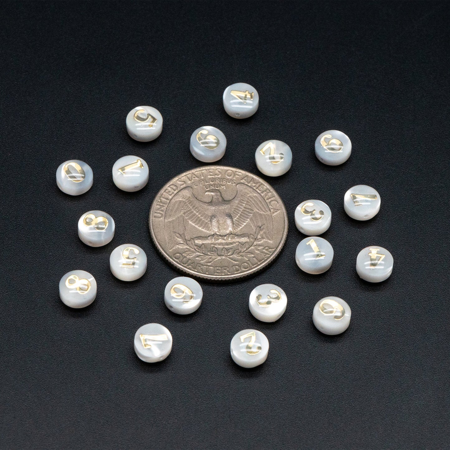 6mm Natural Shell with Gold Number Beads- Coin Puff Spacer - Double Sided Number (V1406)
